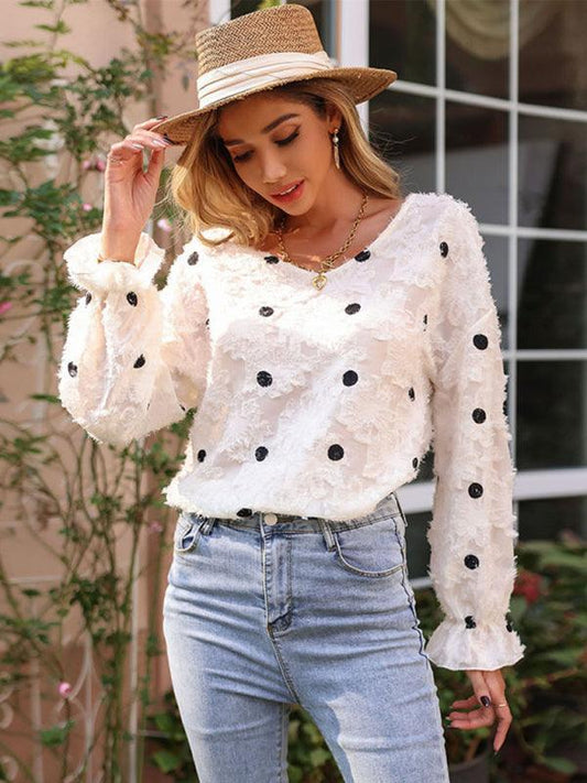 Women's Top Long Sleeve V Neck Polka Dot White Shirt - 808Lush