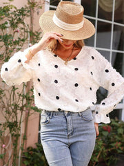 Women's Top Long Sleeve V Neck Polka Dot White Shirt - 808Lush