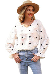 Women's Top Long Sleeve V Neck Polka Dot White Shirt - 808Lush