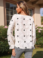 Women's Top Long Sleeve V Neck Polka Dot White Shirt - 808Lush