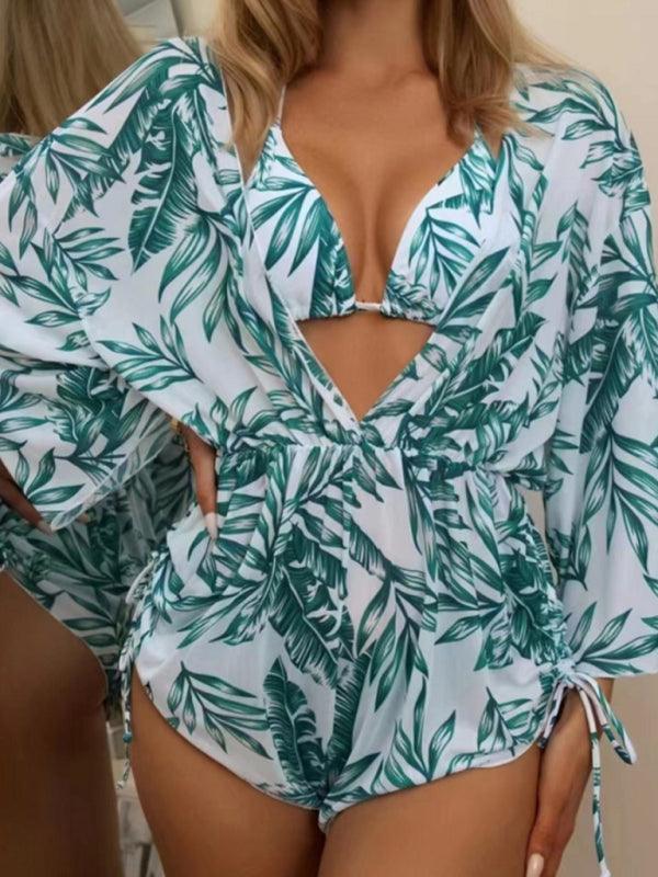 Tropical Print Tie High Waist Bikini Three-Piece Set - 808Lush