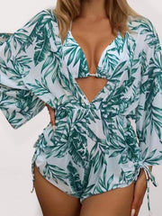 Tropical Print Tie High Waist Bikini Three-Piece Set - 808Lush