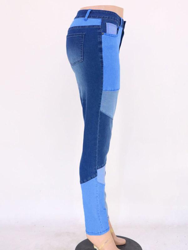 Women's Two-color Stitching Street Wash High Waist Skinny Jeans - 808Lush