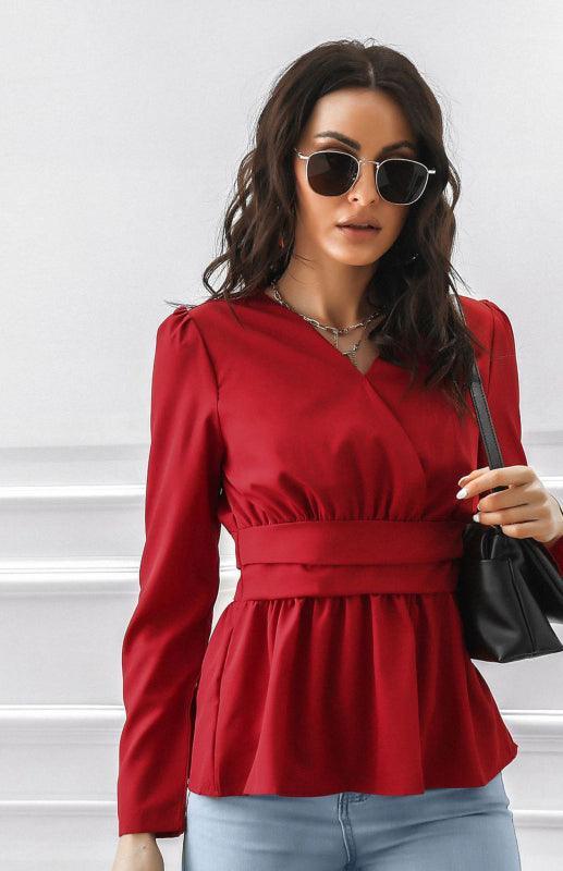 Women's V-Neck Neck Waist Pleated Slim Fit Puff Sleeve Chiffon Long Sleeve Top - 808Lush