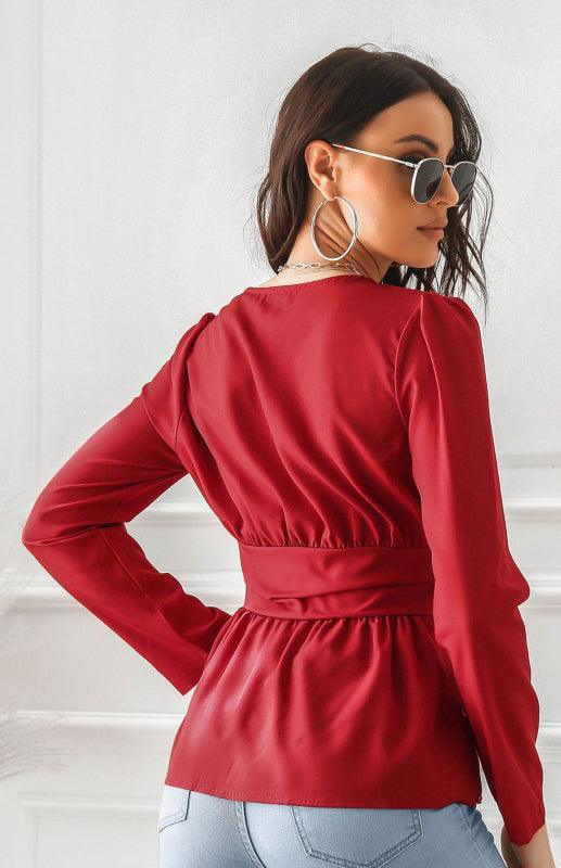 Women's V-Neck Neck Waist Pleated Slim Fit Puff Sleeve Chiffon Long Sleeve Top - 808Lush