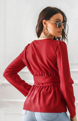 Women's V-Neck Neck Waist Pleated Slim Fit Puff Sleeve Chiffon Long Sleeve Top - 808Lush