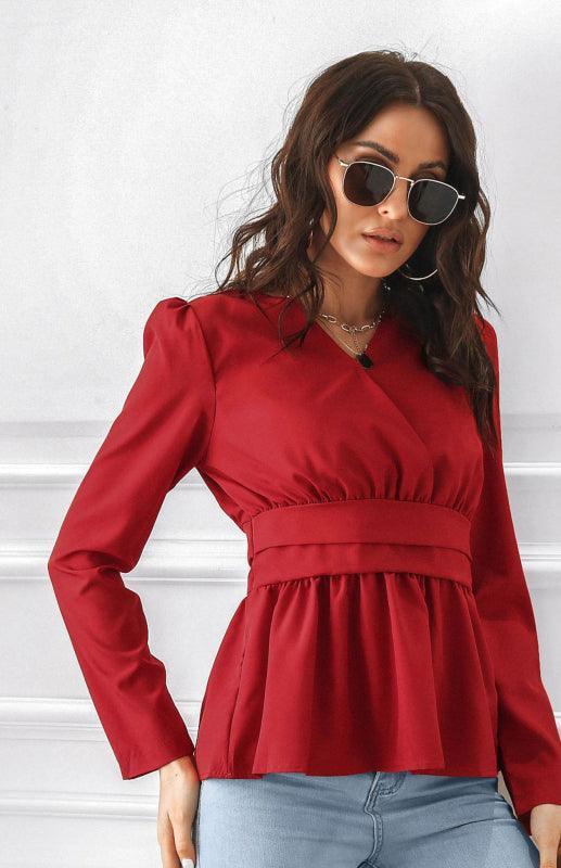 Women's V-Neck Neck Waist Pleated Slim Fit Puff Sleeve Chiffon Long Sleeve Top - 808Lush