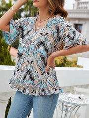 Women's V-Neck Printed T-Shirt Casual Bell Sleeve Top - 808Lush