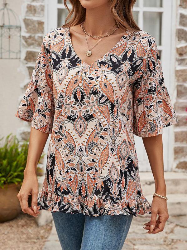 Women's V-Neck Printed T-Shirt Casual Bell Sleeve Top - 808Lush