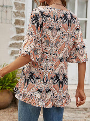 Women's V-Neck Printed T-Shirt Casual Bell Sleeve Top - 808Lush