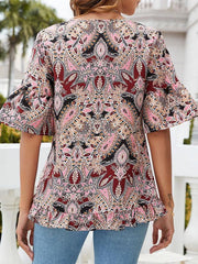 Women's V-Neck Printed T-Shirt Casual Bell Sleeve Top - 808Lush