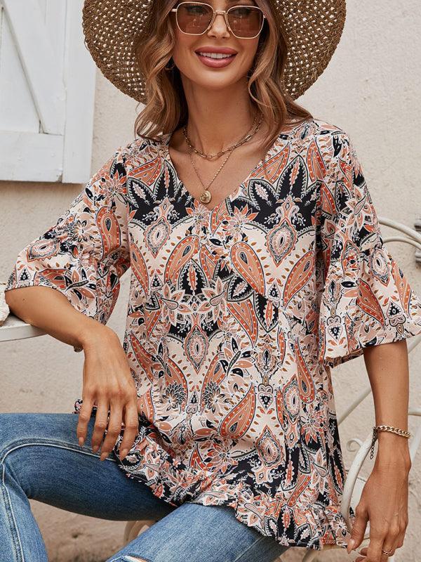 Women's V-Neck Printed T-Shirt Casual Bell Sleeve Top - 808Lush