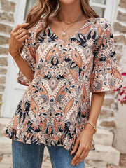 Women's V-Neck Printed T-Shirt Casual Bell Sleeve Top - 808Lush