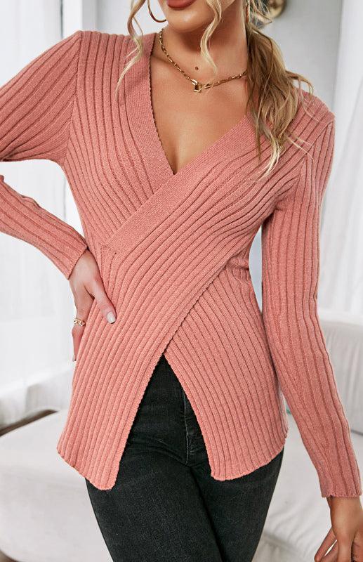 Women's V-Neck Pullover Cross Sweater - 808Lush