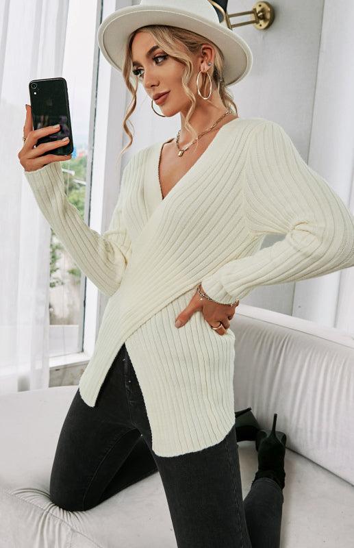 Women's V-Neck Pullover Cross Sweater - 808Lush