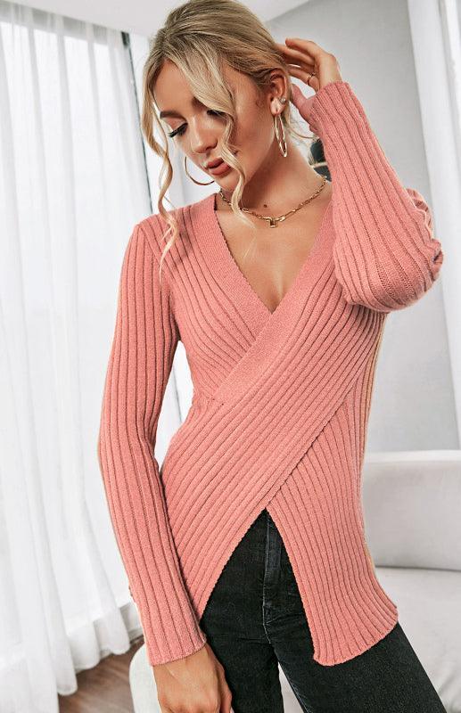 Women's V-Neck Pullover Cross Sweater - 808Lush