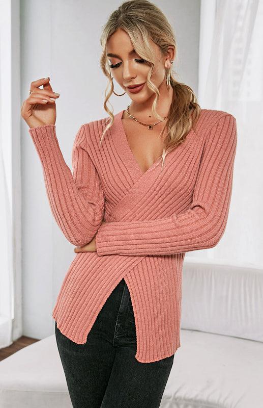 Women's V-Neck Pullover Cross Sweater - 808Lush