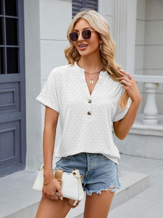 Women's V-neck button circle loose short-sleeved T-shirt - 808Lush