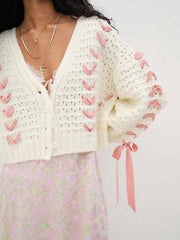 Women's V-neck lace-up hollow knitted cardigan top loose casual sweater - 808Lush