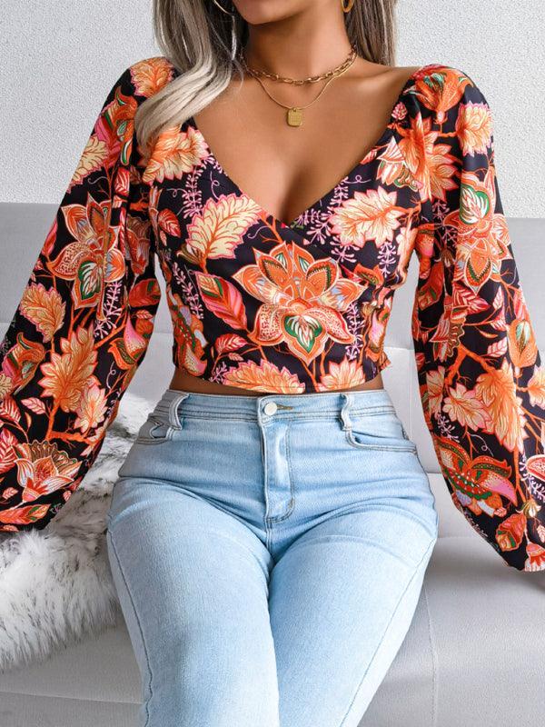 Women's V-neck lantern long sleeve Floral Chiffon shirt - 808Lush