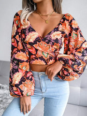 Women's V-neck lantern long sleeve Floral Chiffon shirt - 808Lush