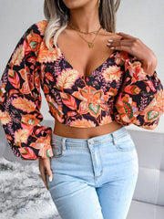 Women's V-neck lantern long sleeve Floral Chiffon shirt - 808Lush