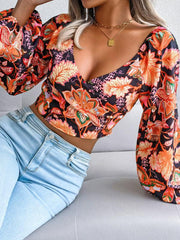 Women's V-neck lantern long sleeve Floral Chiffon shirt - 808Lush