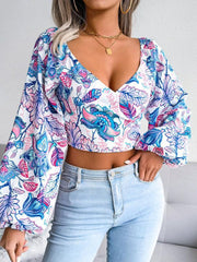 Women's V-neck lantern long sleeve Floral Chiffon shirt - 808Lush