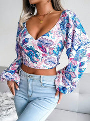 Women's V-neck lantern long sleeve Floral Chiffon shirt - 808Lush