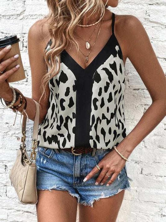 Women's V-neck leopard print stitching solid color camisole top - 808Lush