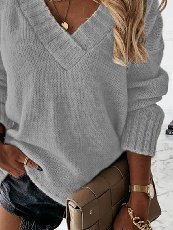 Women's V-neck long-sleeved pullover sweater top - 808Lush