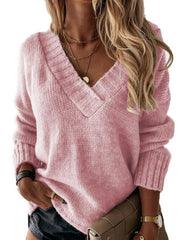 Women's V-neck long-sleeved pullover sweater top - 808Lush