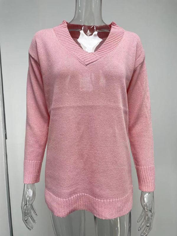 Women's V-neck long-sleeved pullover sweater top - 808Lush