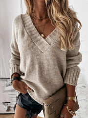 Women's V-neck long-sleeved pullover sweater top - 808Lush