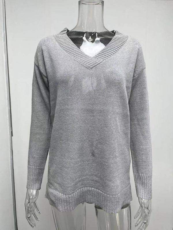 Women's V-neck long-sleeved pullover sweater top - 808Lush