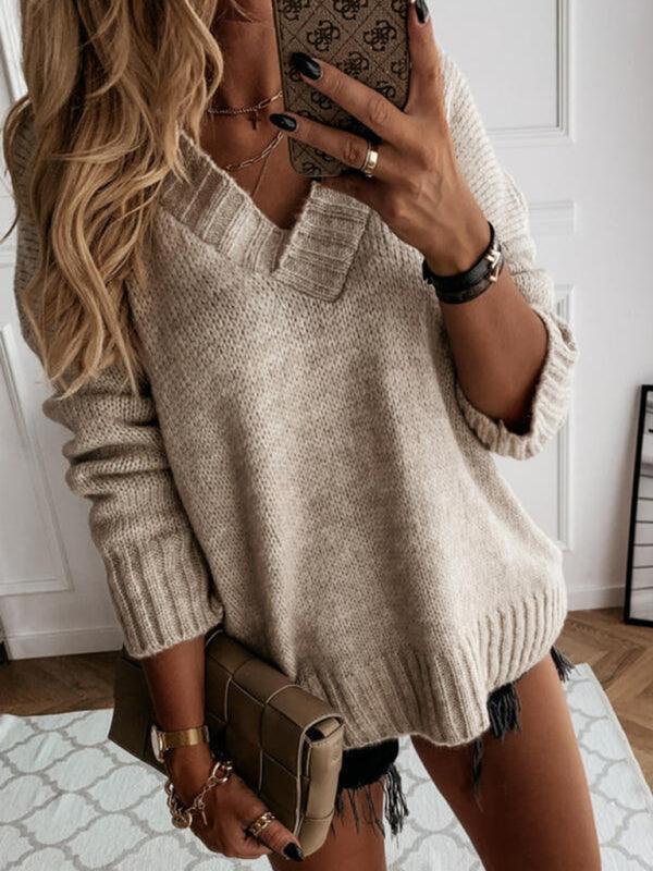 Women's V-neck long-sleeved pullover sweater top - 808Lush