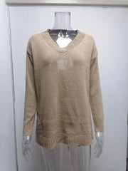 Women's V-neck long-sleeved pullover sweater top - 808Lush