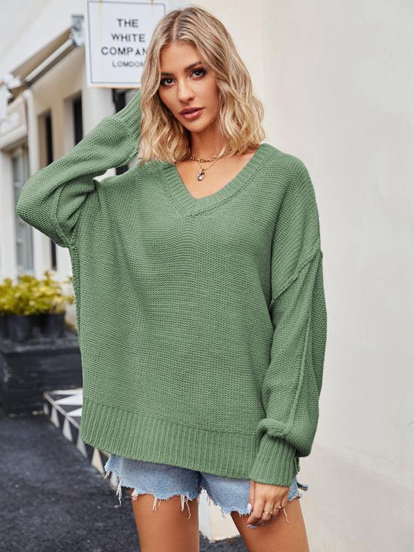 Women's V-neck loose pullover sweater - 808Lush