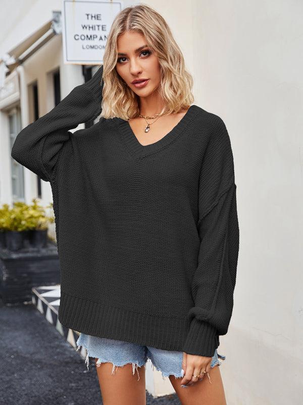 Women's V-neck loose pullover sweater - 808Lush