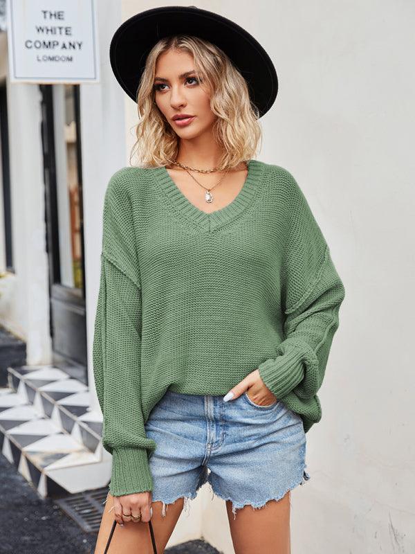 Women's V-neck loose pullover sweater - 808Lush