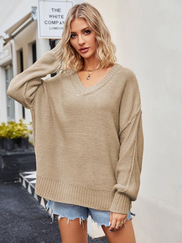 Women's V-neck loose pullover sweater - 808Lush