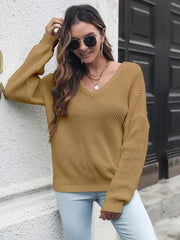 Women's V-neck loose shoulder long sleeve sweater - 808Lush