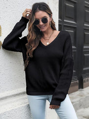 Women's V-neck loose shoulder long sleeve sweater - 808Lush