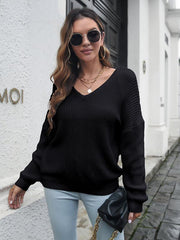 Women's V-neck loose shoulder long sleeve sweater - 808Lush