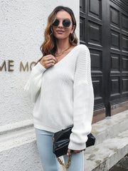 Women's V-neck loose shoulder long sleeve sweater - 808Lush