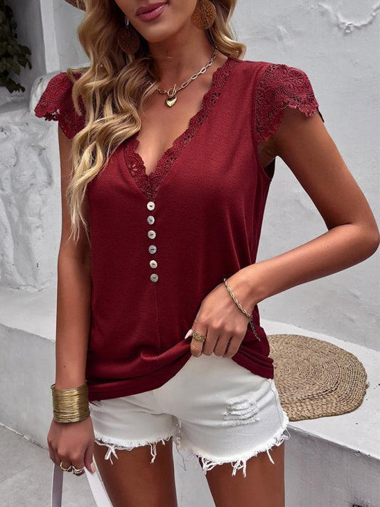 Women's V-neck patchwork lace sleeves knitted top - 808Lush