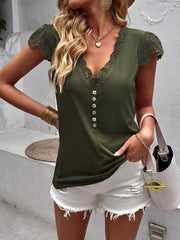 Women's V-neck patchwork lace sleeves knitted top - 808Lush