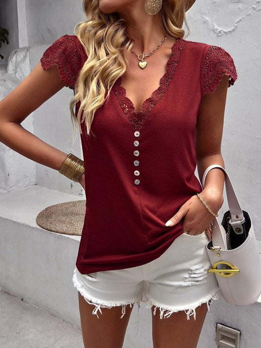 Women's V-neck patchwork lace sleeves knitted top - 808Lush