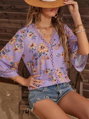 Women's V-neck printed patchwork lace flared sleeve top - 808Lush