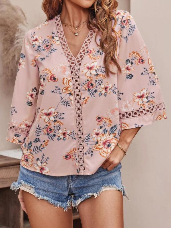 Women's V-neck printed patchwork lace flared sleeve top - 808Lush